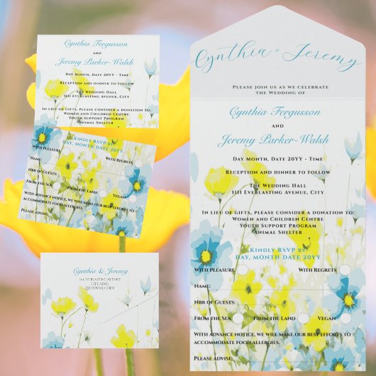 Invitation Tout En Un Poppies rustiques simples bleues jaunes aquarelles