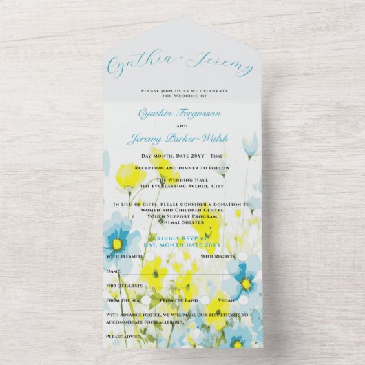 Invitation Tout En Un Poppies rustiques simples bleues jaunes aquarelles (À l'intérieur)