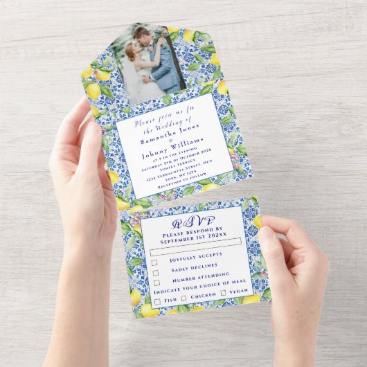 Invitation Tout En Un Portuguese Tiles Lemons Rustic Photo Wedding (Déchirure)