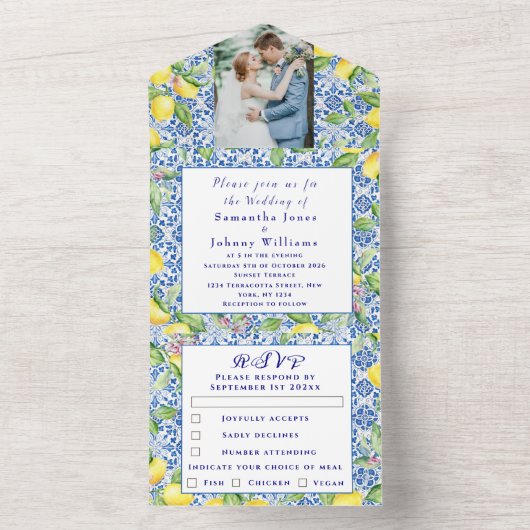 Invitation Tout En Un Portuguese Tiles Lemons Rustic Photo Wedding (À l'intérieur)