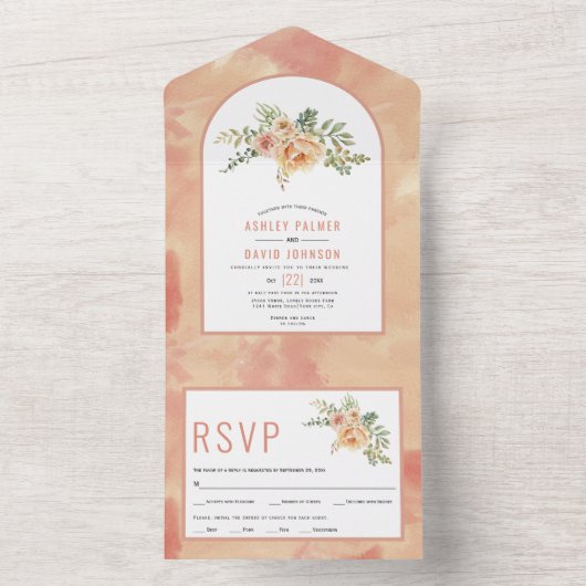 Invitation Tout En Un Poser des fleurs d'aquarelle et arche mariage (À l'intérieur)