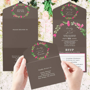 Invitation Tout En Un Poussière Brune Florale Rose Élégante Réponse au M