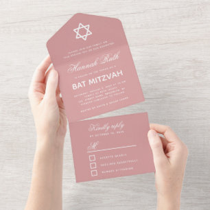 Invitation Tout En Un Poussière de Bat Mitzvah Rose Poudré Simple Callig
