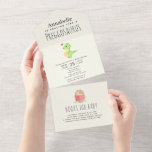 Invitation Tout En Un Preggosaurus Cute Funny Dinosaur Baby shower<br><div class="desc">Préparez-vous pour un baby shower en dino-mite ! Ces invitations hilarants présentent un dinosaure vert enceinte contre un arrière - plan ludique en coquille d'oeuf avec des livres en larmes pour la carte bébé. Parfait pour une fête amusante et inoubliable ! Personnalisez-le pour répondre à vos besoins. Objets correspondants dans...</div>