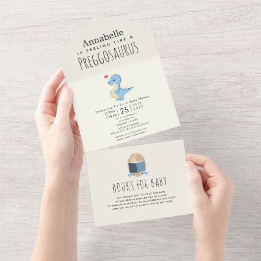 Invitation Tout En Un Preggosaurus Cute Funny Dinosaur Boy Baby shower (Déchirure)