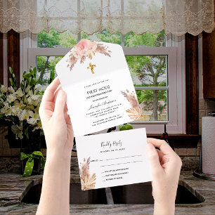 Invitation Tout En Un Première communion de rose de pampas blush RSVP