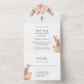 Invitation Tout En Un Première communion de rose de pampas blush RSVP (À l'intérieur)