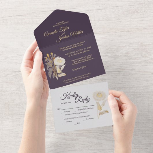 Invitation Tout En Un Purple Daisy Antique Mariage Tout en une invitatio (Déchirure)
