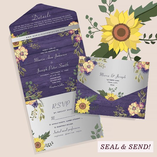 Invitation Tout En Un Purple Ferme Russe Mariage de tournesol