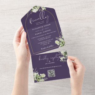 Invitation Tout En Un Purple Finalement Arch Greenery QR Code Mariage