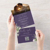 Invitation Tout En Un Purple Floral Greenery QR Code Mariage Photo (Déchirure)