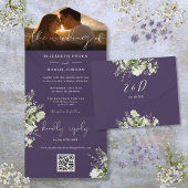 Invitation Tout En Un Purple Floral Greenery QR Code Mariage Photo