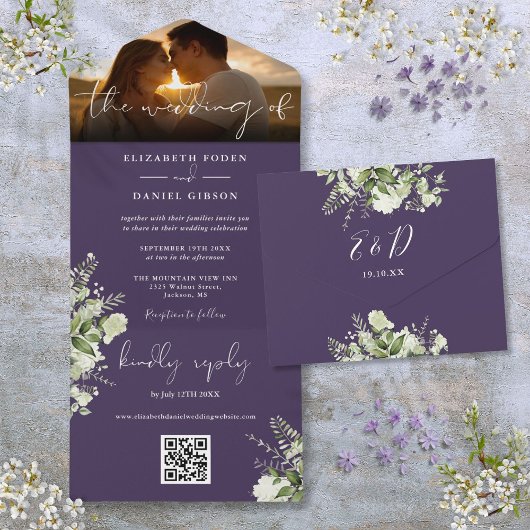 Invitation Tout En Un Purple Floral Greenery QR Code Mariage Photo