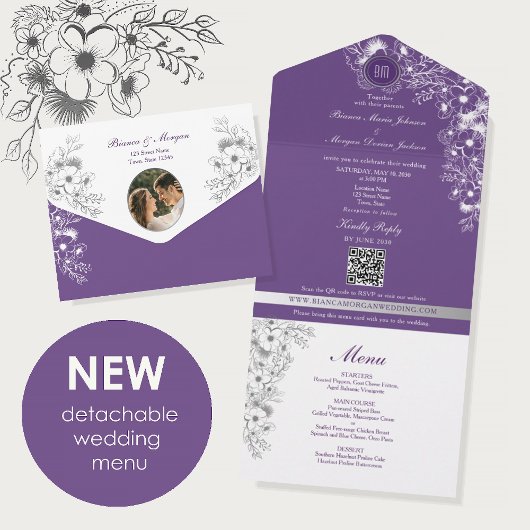 Invitation Tout En Un Purple Floral Menu Photo Wedding