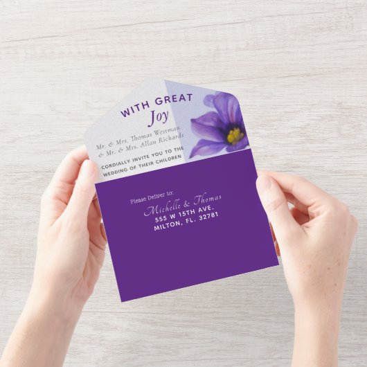 Invitation Tout En Un Purple Floral tout en un mariage Inviter (Ouverture)