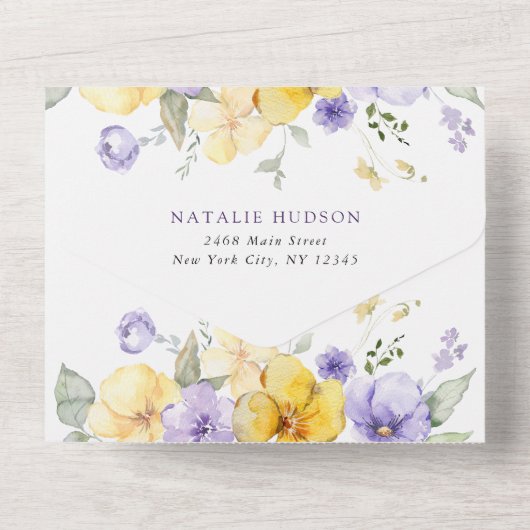 Invitation Tout En Un Purple Flowers, Yellow Flowers, Boho, Baptism (Verso)