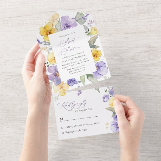 Invitation Tout En Un Purple Flowers, Yellow Flowers, Boho, Sweet 16 (Déchirure)
