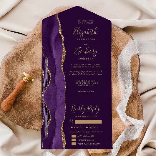 Invitation Tout En Un Purple Gold Agate Plum Meal Options Wedding