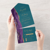Invitation Tout En Un Purple Gold Agate Teal Blue Meal Options Wedding (Déchirure)