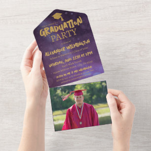 Invitation Tout En Un Purple & Gold Two Photo Graduation Party
