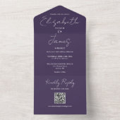 Invitation Tout En Un Purple Modern Elegant Script QR Code Mariage (À l'intérieur)