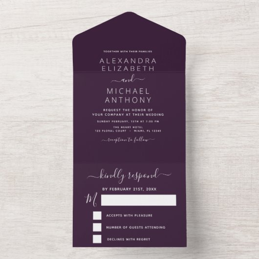Invitation Tout En Un Purple Plum Mariage Typographie moderne (À l'intérieur)