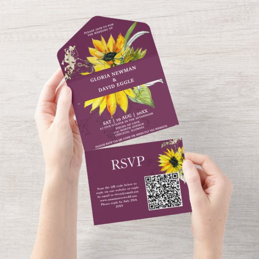 Invitation Tout En Un Purple Plum Sunflower QR Code (Déchirure)