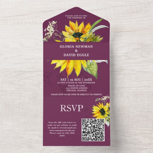 Invitation Tout En Un Purple Plum Sunflower QR Code (À l'intérieur)