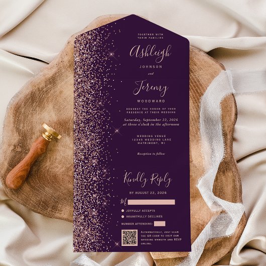 Invitation Tout En Un Purple Rose Gold Glitter QR Code Wedding