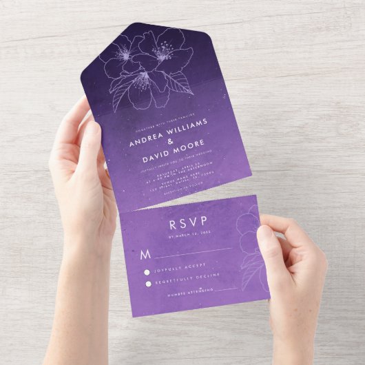 Invitation Tout En Un Purple Star Galaxy Universe & Mariage floral tiré (Déchirure)