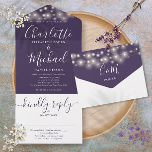 Invitation Tout En Un Purple String Lights Élégant Mariage de script