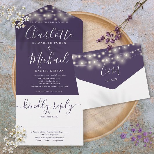Invitation Tout En Un Purple String Lights Élégant Mariage de script