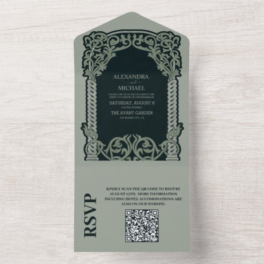 Invitation Tout En Un QR Code Antique Art Nouveau Mariage (À l'intérieur)