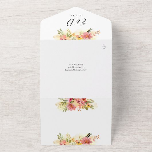 Invitation Tout En Un QR Code Aquarelle Floral Hearts Script Mariage (Dehors)