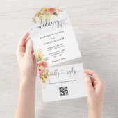 Invitation Tout En Un QR Code Aquarelle Floral Hearts Script Mariage (Déchirure)