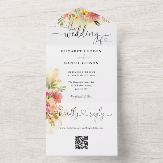 Invitation Tout En Un QR Code Aquarelle Floral Hearts Script Mariage (À l'intérieur)