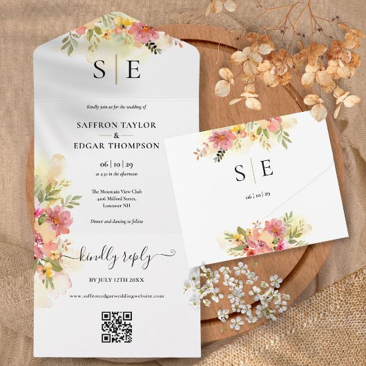 Invitation Tout En Un QR Code Aquarelle Floral Monogramme Mariage