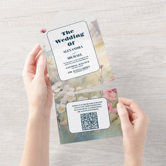 Invitation Tout En Un QR Code Aquarelle Floral Spring Mountains Mariage (Déchirure)