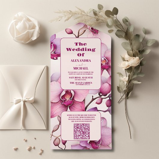 Invitation Tout En Un QR Code Aquarelle opulente Mariage d'orchidée rose