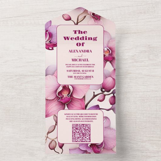 Invitation Tout En Un QR Code Aquarelle opulente Mariage d'orchidée rose (À l'intérieur)