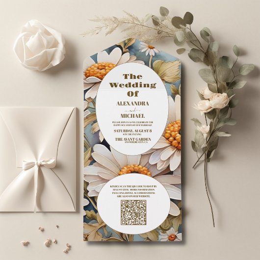 Invitation Tout En Un QR Code Aquarelle rustique Mariage marguerite blan