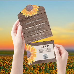 Invitation Tout En Un QR Code Aquarelle Tournesol Grange Bois Tout en un