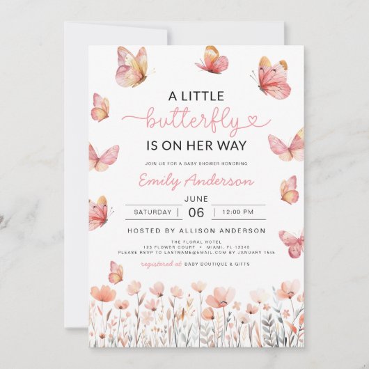 Invitation Tout en un QR Code Baby shower petit papillon (Devant)