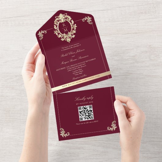Invitation Tout En Un QR Code Baroque Bourgogne Mariage or (Déchirure)
