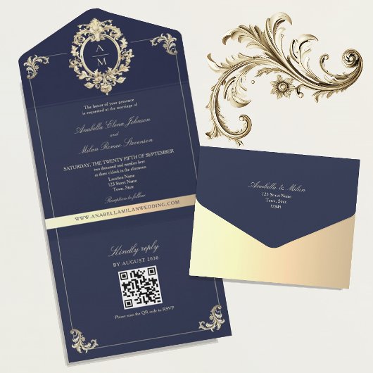 Invitation Tout En Un QR Code Baroque Marine Bleu Mariage or