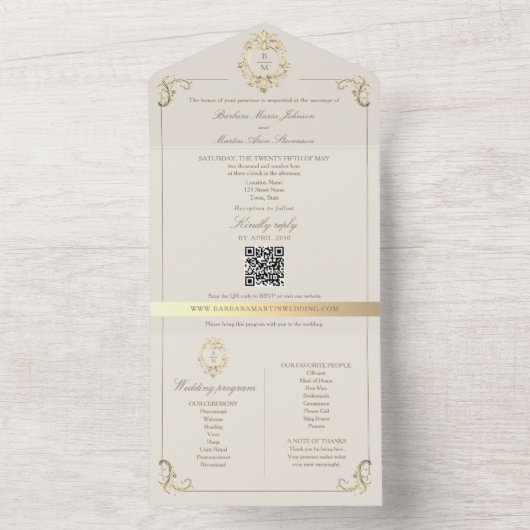 Invitation Tout En Un QR Code Baroque Monogram Wedding (À l'intérieur)