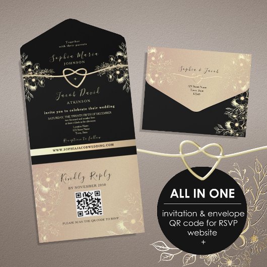 Invitation Tout En Un QR Code Black Gold Floral Mariage