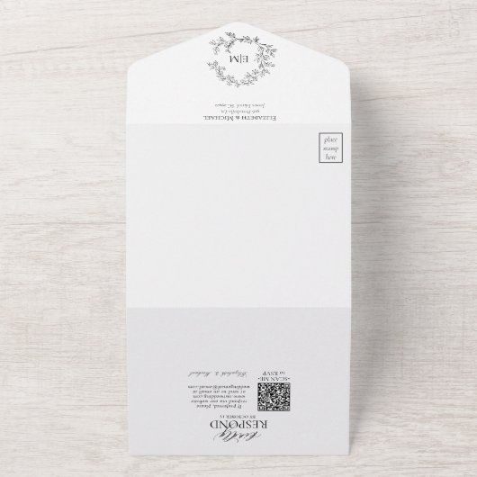 Invitation Tout En Un QR Code Blanc Noir Cimier Mariage Monogramme (Dehors)