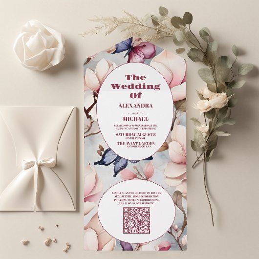 Invitation Tout En Un QR Code Blush Pink Magnolia Mariage Floral