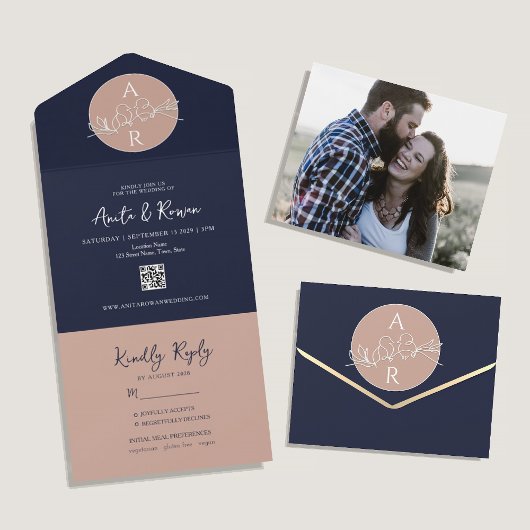 Invitation Tout En Un QR Code Blush Rose Marine Mariage bleu